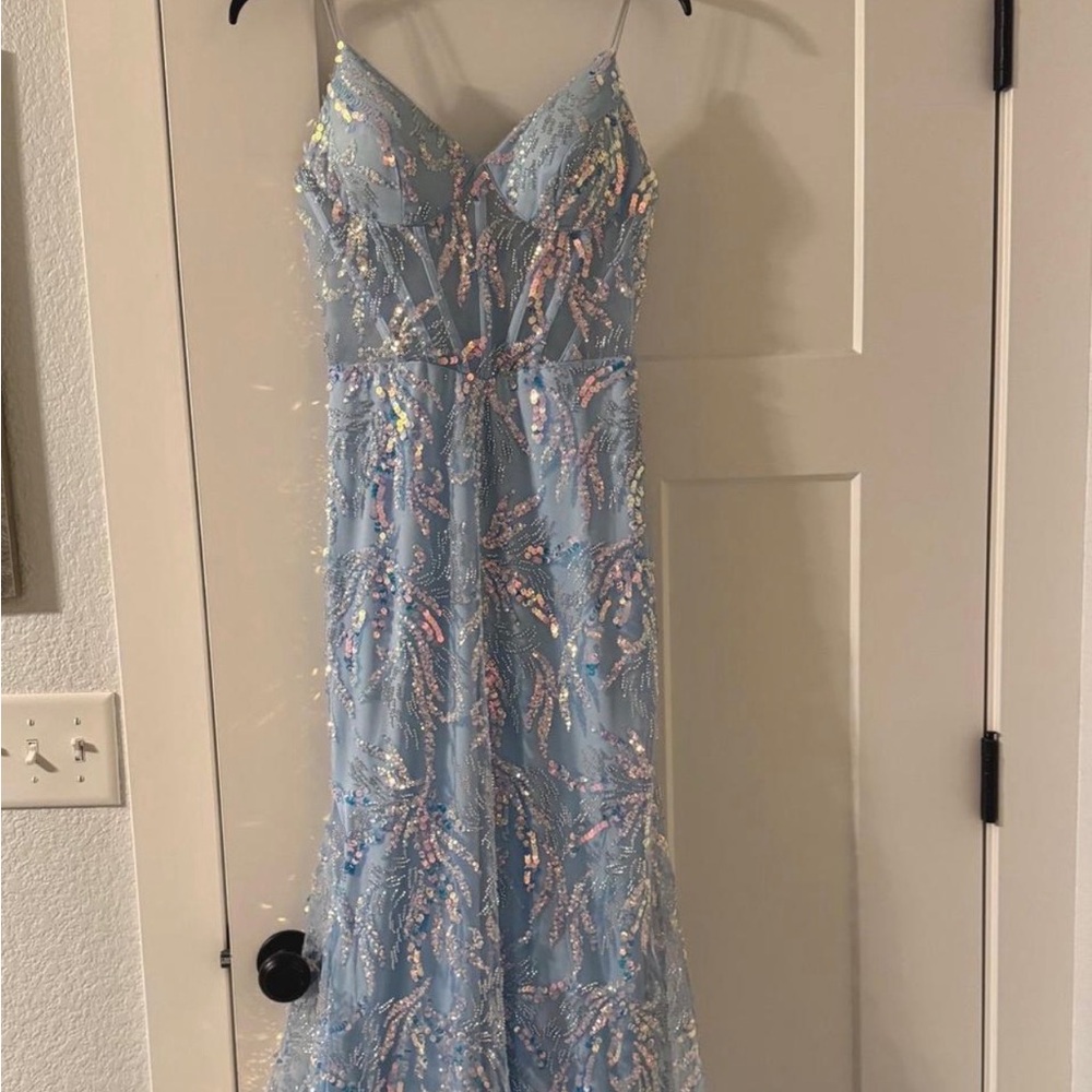 WORN ONCE Sequin Light Blue Mermaid, Spaghetti Straps, Sweep Train, Prom Dress.